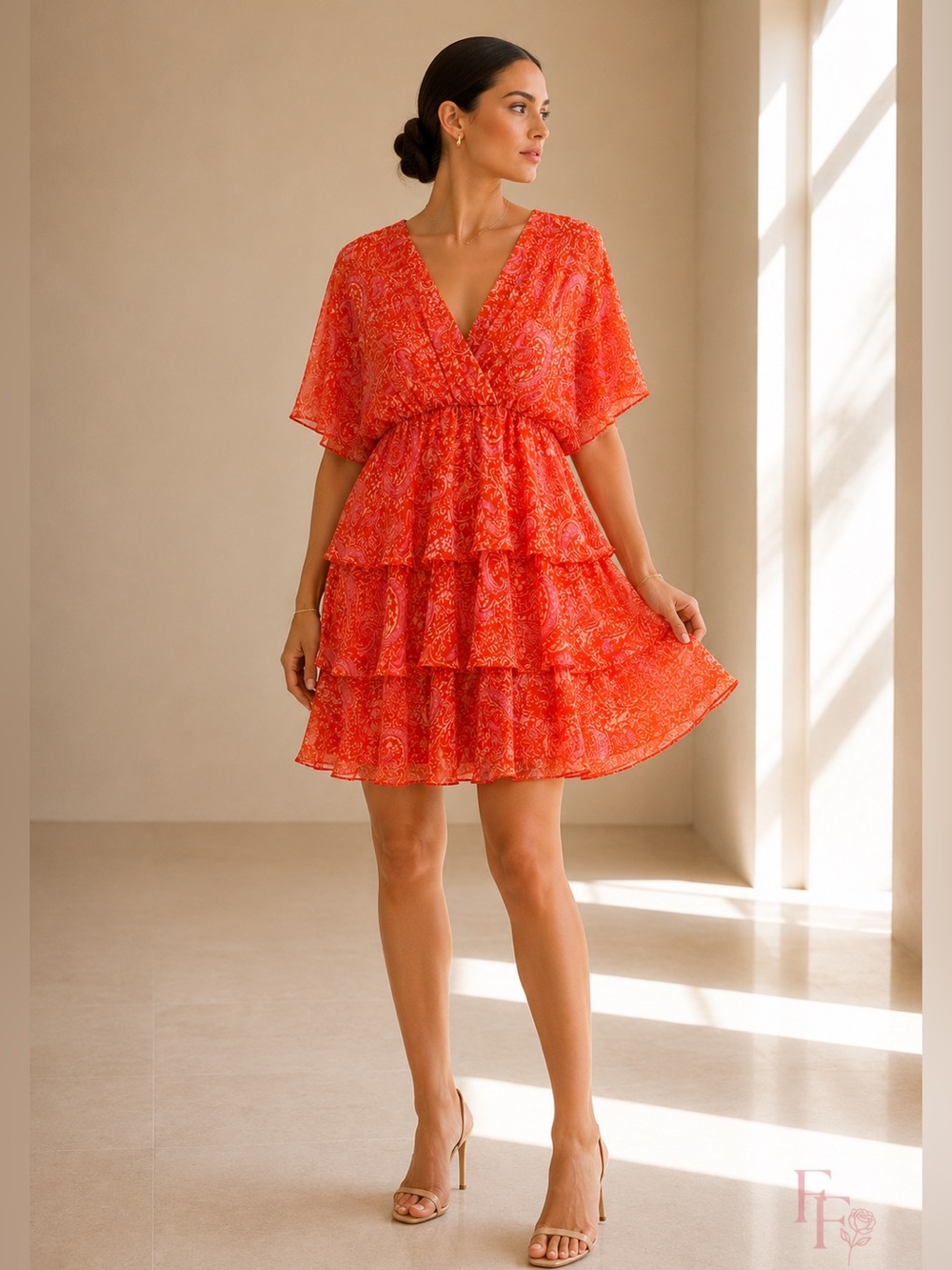 1. STATE Coral Orange Paisley Ruffle Dress Large Boho Tiered Mini Dress